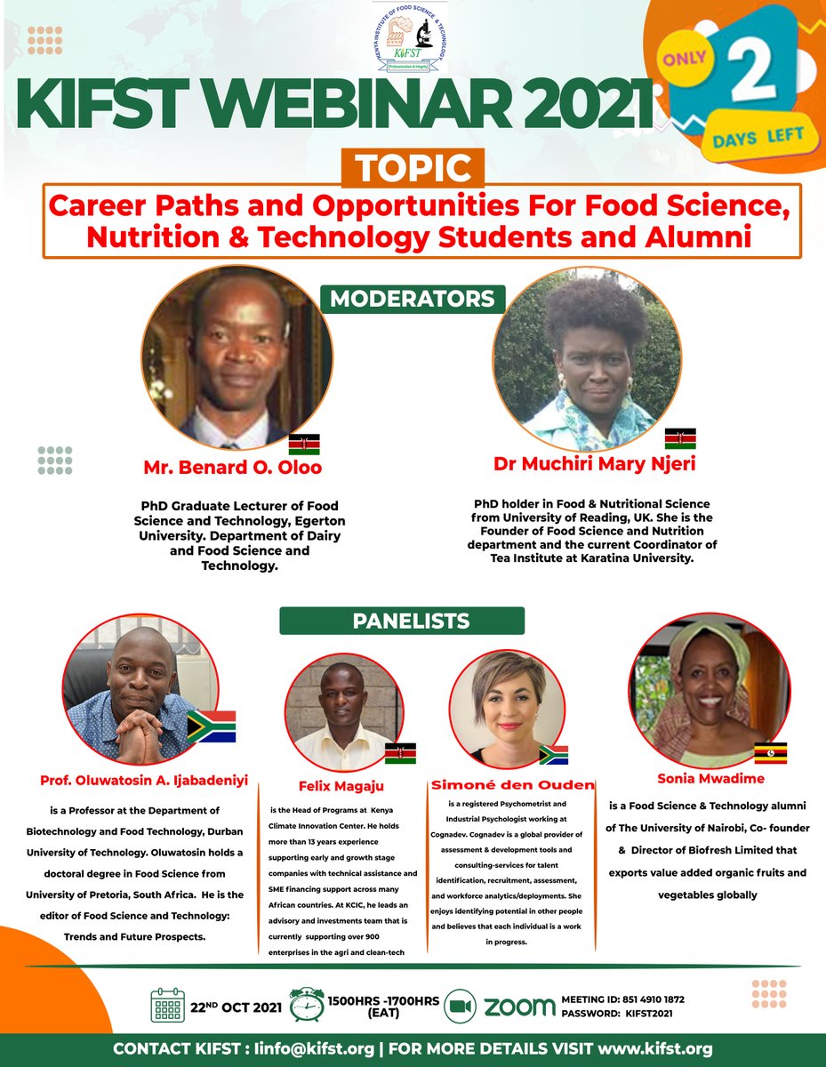 kenya_science's tweet photo. Have you register? Its TWO days to go!

Topic: Career Paths and Opportunities for Food Science, Nutrition &amp; Technology Students and Alumni
Time: Oct 22, 2021 03:00 PM Nairobi

To Join Zoom Meeting
Book your slot here: it's FREE 
https://t.co/qs6PESdwY1 https://t.co/cgjL1ViKIj