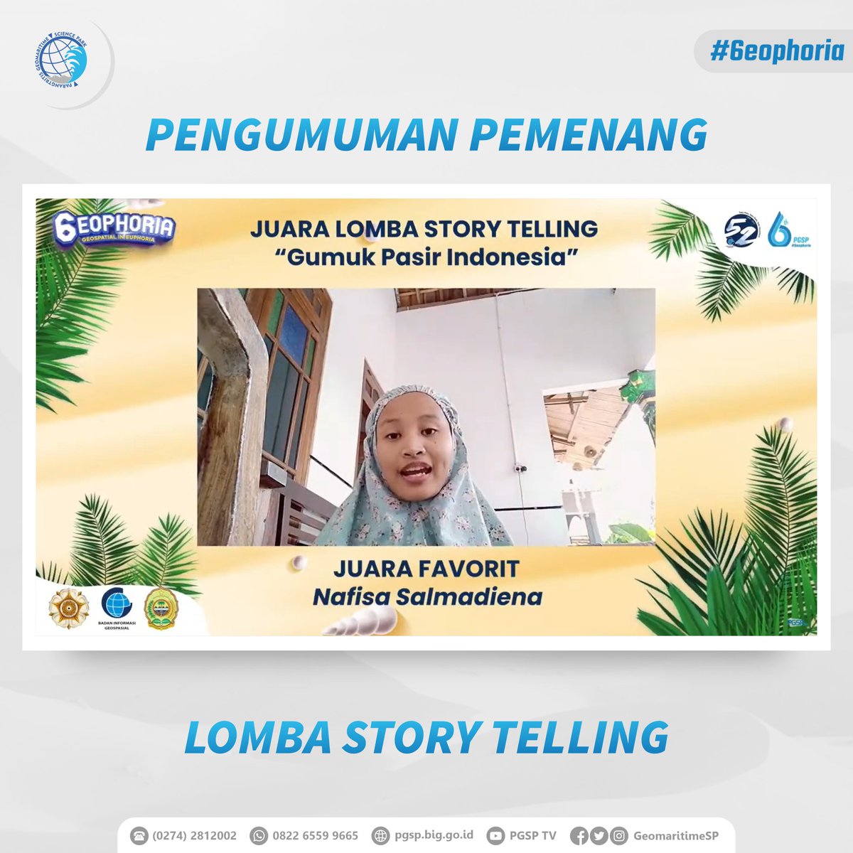 GeomaritimeSP's tweet photo. Selamat bagi #SahabatGeomaritime yang telah memenangkan Lomba Story Telling yang bertema “Gumuk Pasir Indonesia”. Bagi #SahabatGeomaritime yang ingin menonton “#6eophoria GEOSPATIAL IN EUPHORIA Festival Virtual”, dapat melihat videonya di Channel Youtobe https://t.co/QHkHvwVSx2. https://t.co/58R9zrkIOP