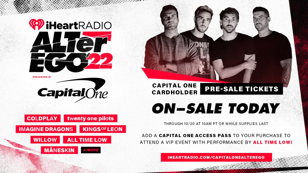 #iHeartALT is back and we're planning something special with @capitalone. Pre-sale tickets are on sale today at 10am PT + a Capital One Access Pass to join us for a private event. Check out iHeartRadio.com/CapitalOneALTe… for details and to get tickets #CapitalOnePartner