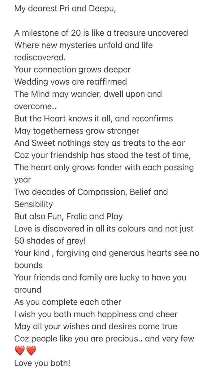 iampriya06's tweet photo. This poem for us by a dear friend,warms my heart ❤️ Happy anniversary to us @KicchaSudeep #20yearsofSuPri https://t.co/68BUwvZh27
