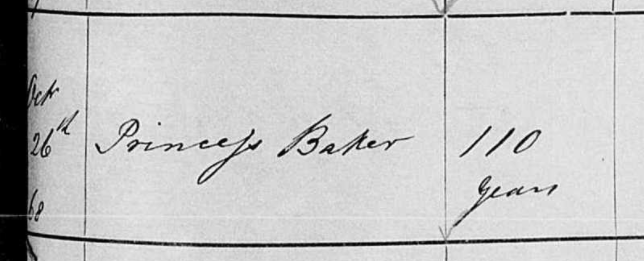 Spotted while doing FamilySearch Indexing: the 1859 burial record of 110(!) year old Princess Baker in the parish of St. James, Barbados.