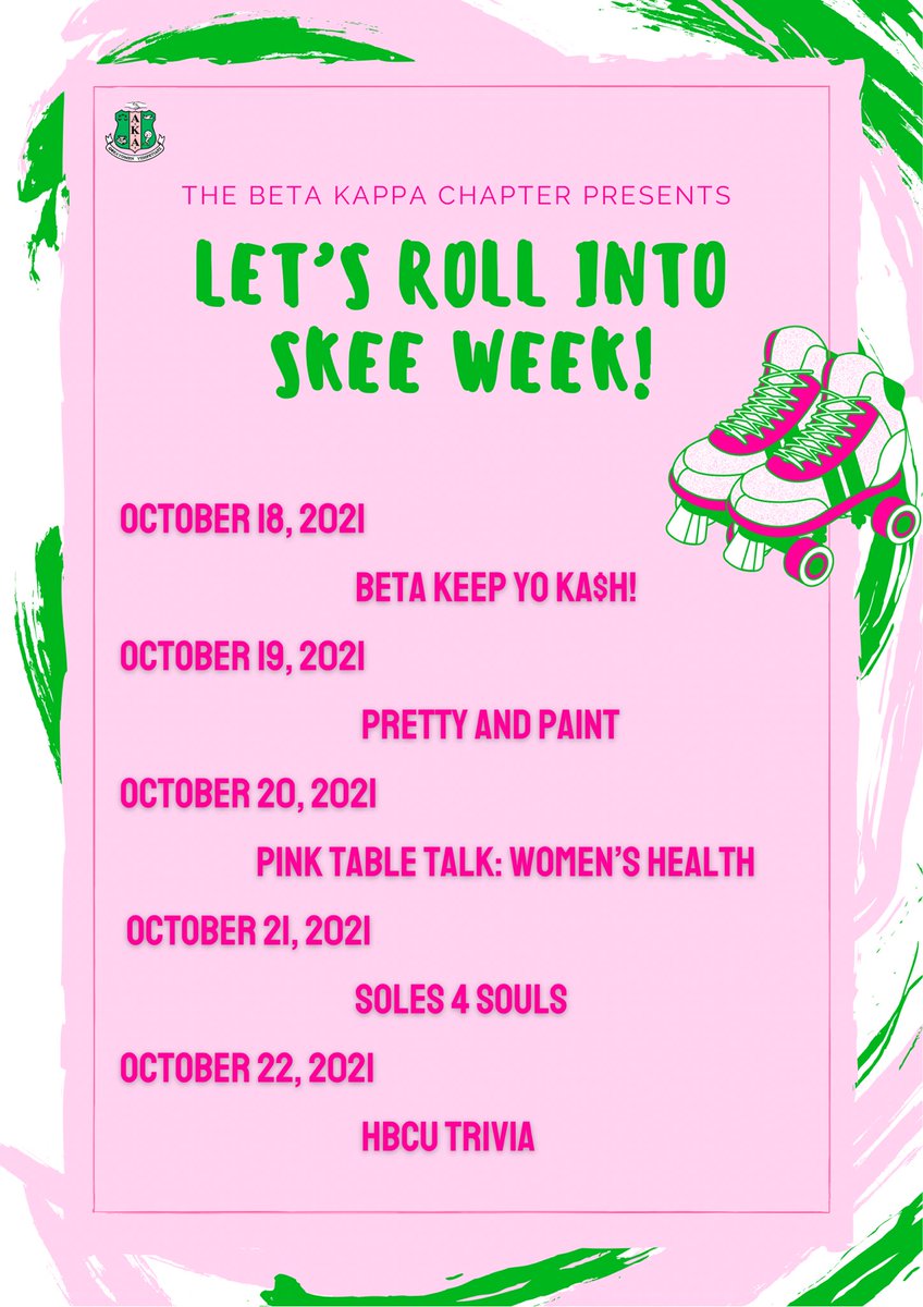 Need plans this week? Join us as we roll into Skee Week! The Beta Kappa Chapter presents a week full of virtual events for you. Tune in with us live to get informed, entertained, and active.💕