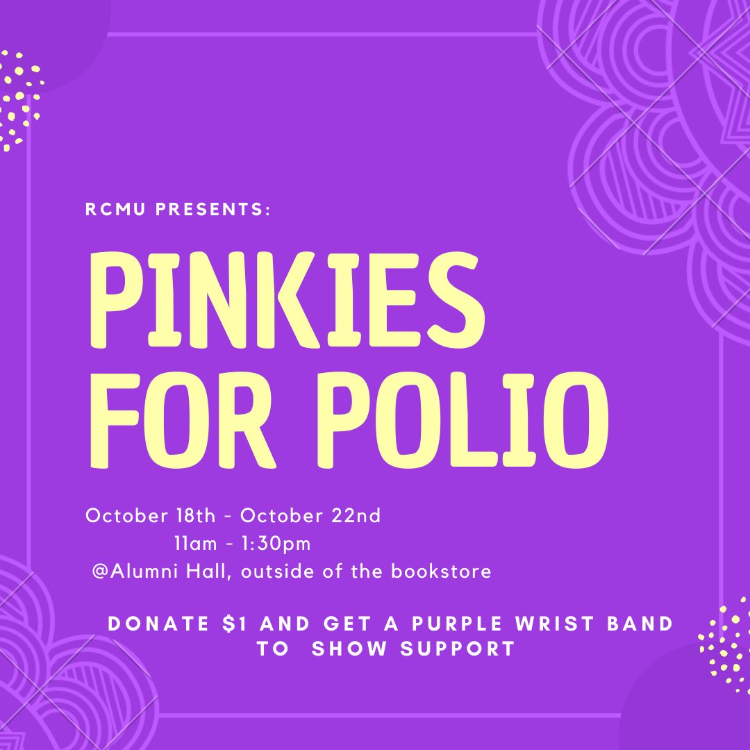 rcmu_rotaract's tweet photo. RCMU is having a table this week by the bookstore to spread awareness of Pinkies for Polio! #RCMU #Rotaract #RotaryInternational #PeopleofAction #LoveMU https://t.co/V8vMn3Frdg