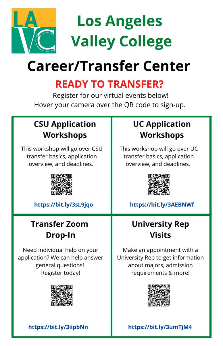 LAVC_WC's tweet photo. Ready to transfer? LAVC’s career and transfer center is here to help! Be sure to register for one of our virtual events. Just hover your camera over the QR code to sign up 🤩 https://t.co/oYHuSYjBJQ