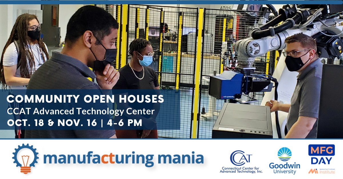Our doors will be open tomorrow! Explore our Advanced Technology Center. We're getting technology experts, educators, community members and those looking to learn about #manufacturing careers together. Please join us! 409 Silver Lane, E. Hartford
ccat.us/events/atctour…
#MFGDAY21