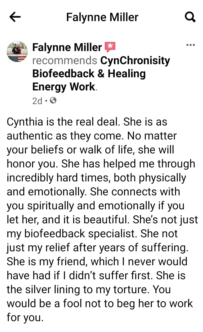 CynChronisity8's tweet photo. #Testimonials are the best ways to gain insight into someone's services. Grateful for this one...#CynChronisity #Biofeedback #Retrain the #Brain https://t.co/vTCw5Zi54h