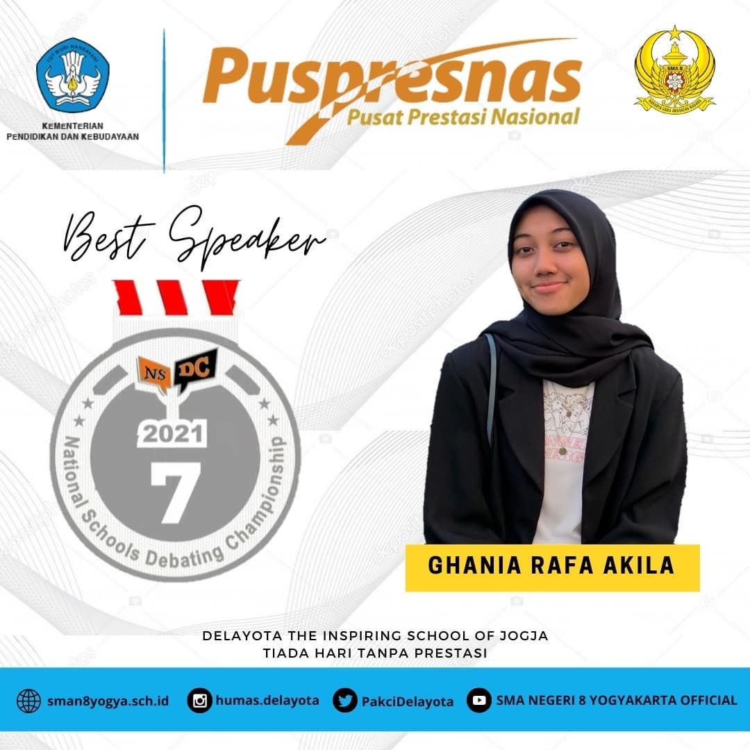 PakciDelayota's tweet photo. Selamat kepada Ghania Rafa Akila (XII MIPA 4) mendapatkan penghargaan individu medali perak sebagai pembicara terbaik Nasional/Best Speaker dan 2nd Runner up mewakili TIM DIY di National School Debating Championship (NDSC) diselenggarakan oleh Puspernas Kemendikbud RI 2021. https://t.co/YEnxzmv9vN