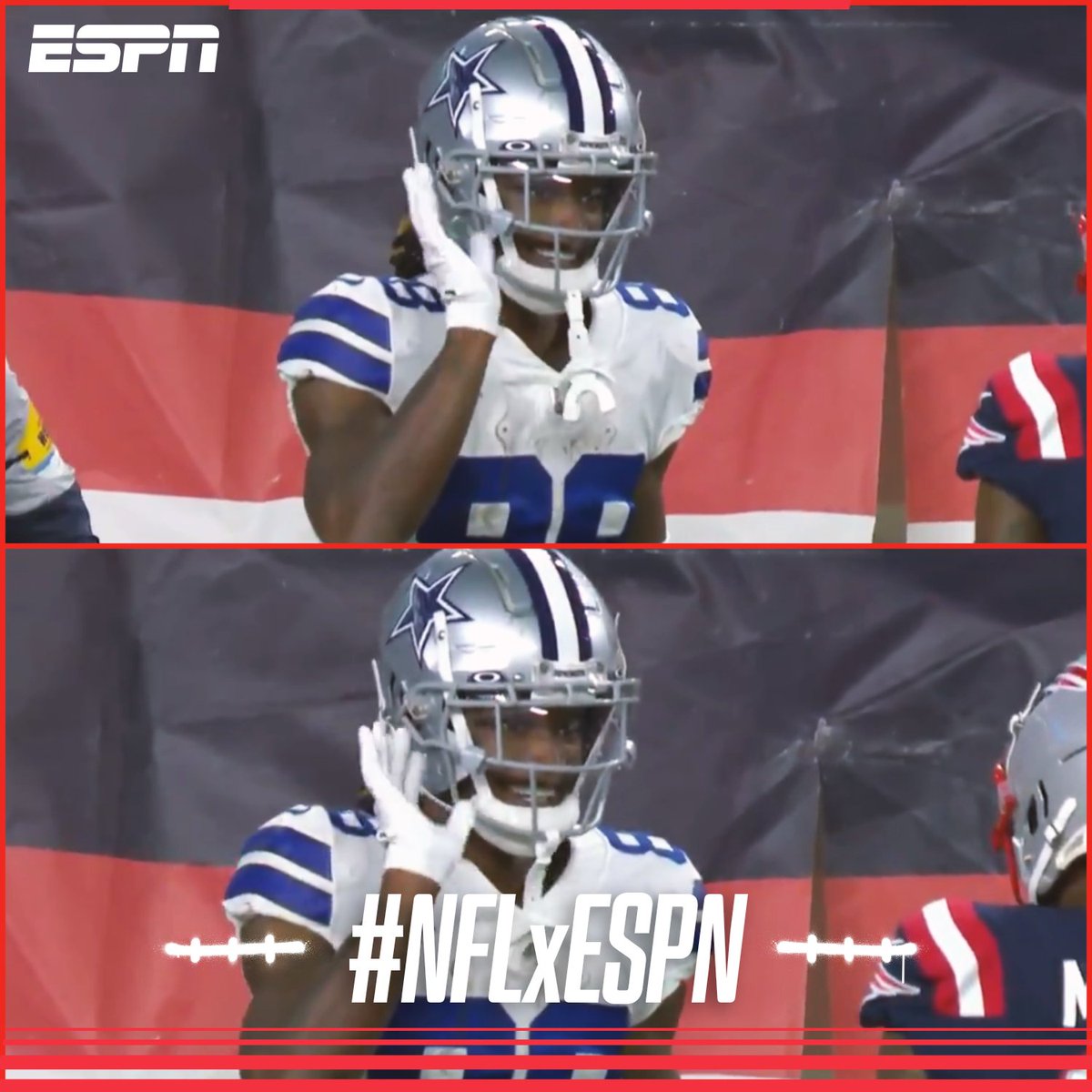 NFLLive_esp's tweet photo. 👋 "Saludos, Pats" 👋

Así la celebración de CeeDee Lamb tras darle la victoria a #DallasCowboys como visitantes. 

#NFLxESPN 

https://t.co/S7uFNpbCKU https://t.co/lahoaBbmiT