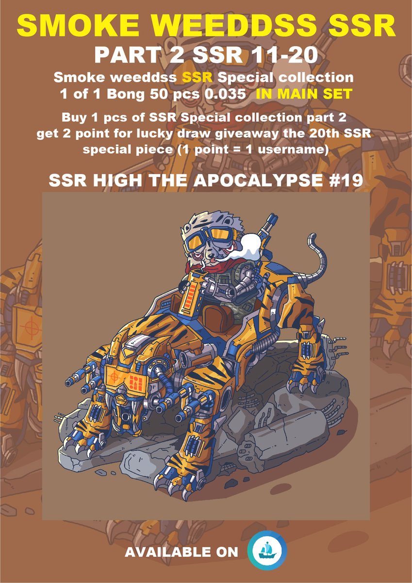 SWeeddss's tweet photo. SMOKE WEEDDSS SSR PART 2 #11-20
50pcs 1 of 1 bong 
GIVEAWAY FOR HOLDERS  BUY PART 2  
>>SSR HIGH MEDUSA #20<<

SSR HIGH THE APOCALYPSE #19
0.035 ETH
AVAILABLE OPENSEA
https://t.co/Y1Efg61tUg

#nftcollector #NFTCommunity #NFTdrops #OpenSeaNFT #NFTartist #NFTs https://t.co/0X9DkQP0b0