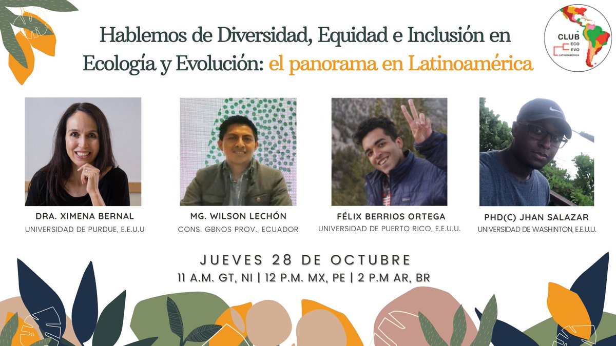 EcoEvoLatam's tweet photo. 📌¿Cuán equitativo es el mundo académico en Latinoamérica?

Este jueves 28 lo discutiremos junto a @XEBernal, @wilsonlechon, @FelixJBerrios y @jhancsalazar.

Inscripciones:
https://t.co/YOkbGpdHWj

#cienciaenespañol #ecoevolat https://t.co/NQODkVWRVk