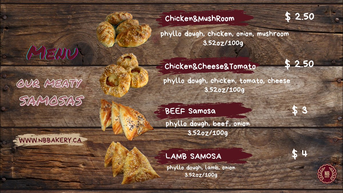 ✨OUR MENU
Check out our menu for meat samosas: two chicken options, beef and lamb 
🔸Our samosas are a BAKED pastry with a savoury filling.
🔸Samosas are an incredibly versatile dish. They make a light and crispy snack, a great addition to a meal, or a hearty meal on their own😋