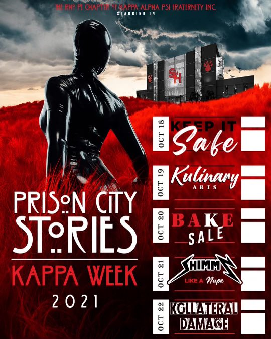 caleb6x's tweet photo. 🚨Its Time We Give It To Em Yall 🚨
It’s HomeKoming week and Prison City Stories Koming to the SHSU Yard♦️
We got a week packed full of events for yall. Come out and enjoy HomeKoming with us.
#SHSUHomeKoming2K21 #KAPPAWEEK #SHSU #SHSU24 #SHSU25 https://t.co/GpkCSTm2qx