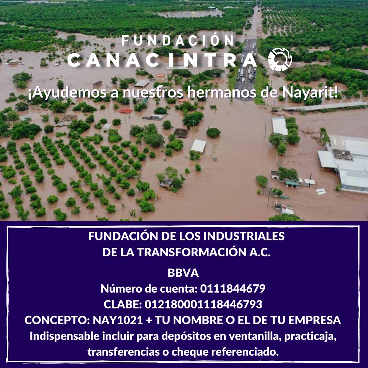 ¡Una vez más demostremos nuestra solidaridad! 
¡Apoyemos a nuestros hermanos de Nayarit!
¡Tu donativo hará la diferencia!

#FundaciónCANACINTRA #ElCorazóndelosIndustriales #Nayarit #HuracánPamela