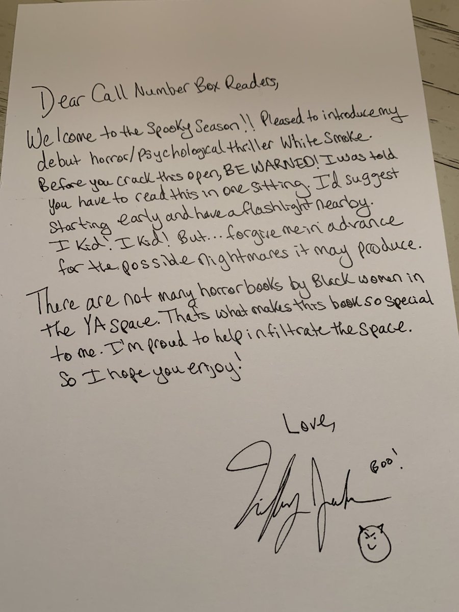 Loved receiving my first #callnumberbox! White Smoke is SO good and perfect for October. <a href="/WriteinBK/">Tiffany D. Jackson</a> you are amazing. <a href="/callnumberbox/">Call Number</a>