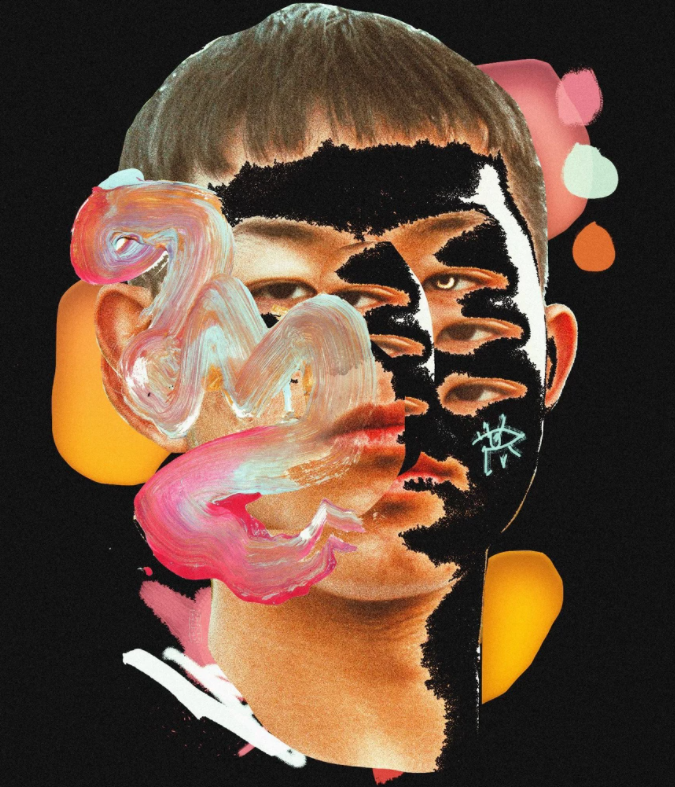 Surreal image of a person's face on a dark background with multi-colored paintbrush strokes and dots.