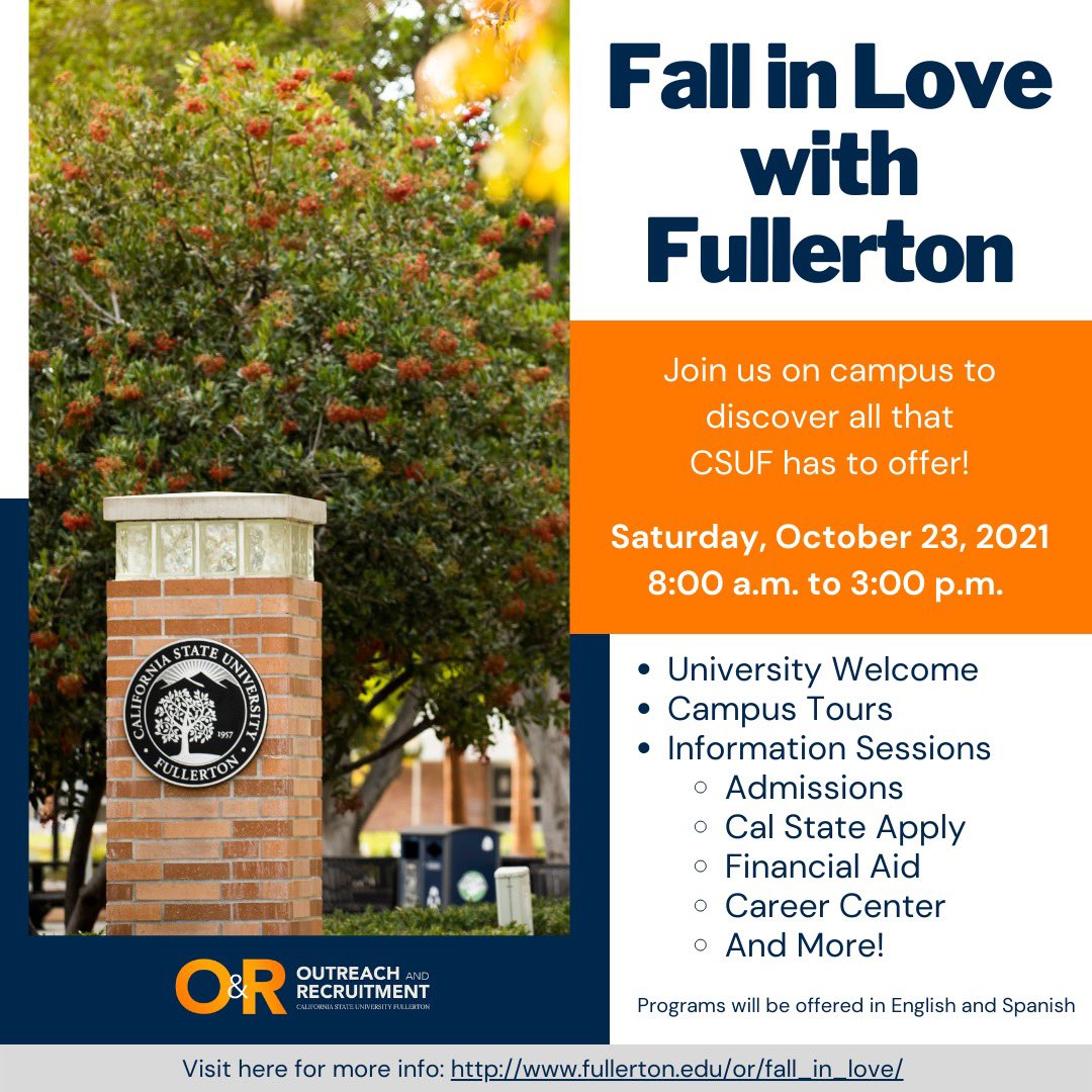 Fall in Love with Fullerton is just 1 week away! If you are a High School Junior, Senior or Transfer student, join us on campus for our fall open house! Check out the event website to register: lnkd.in/gBCfnbpk
#fallopenhouse #CSUF #FallinLovewithFullerton