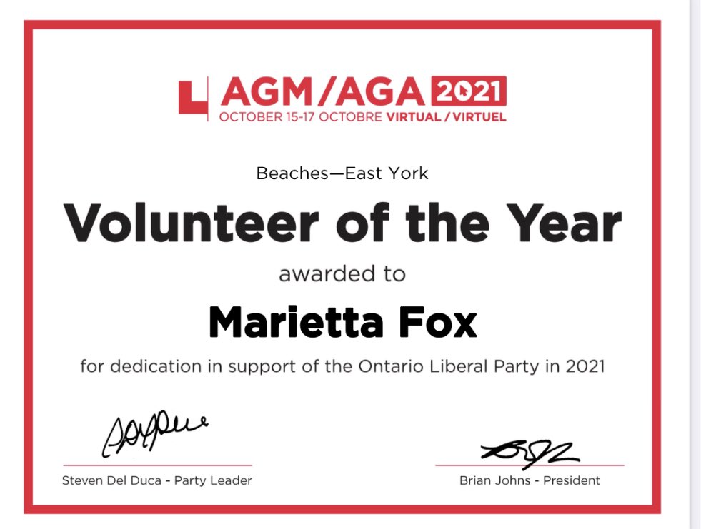 Honoured to be recognized as volunteer of the year for my work with the unstoppable <a href="/marymargaretbey/">MM McMahon</a> <a href="/BEYLiberals/">BEY Ontario Liberals</a> <a href="/OntLiberal/">Ontario Liberal Party | Parti Libéral de l'Ontario</a> #onpoli #bey