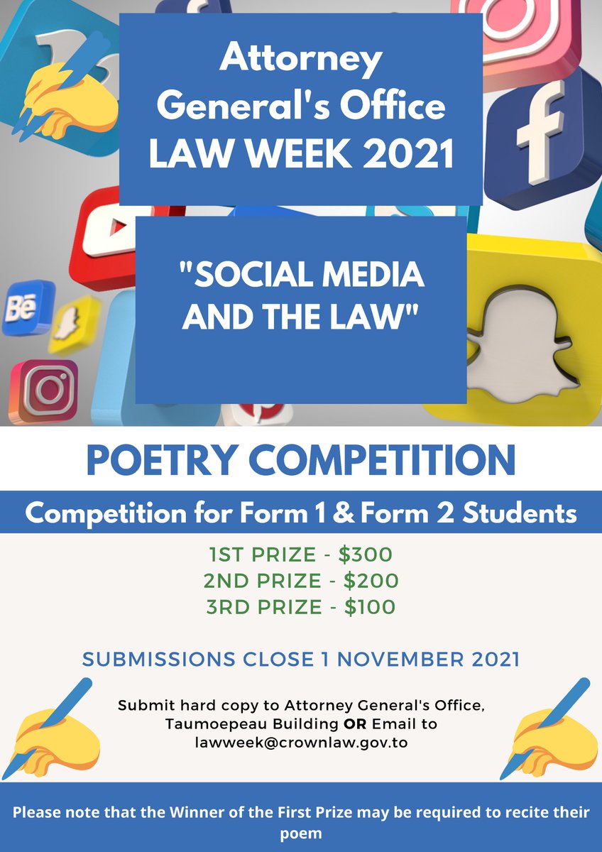 AGO_Tonga's tweet photo. Law Week 2021 Competitions

Poster
Poetry
Essay
Tiktok / Short Video

"Social Media and the Law" https://t.co/BX78jXQItY