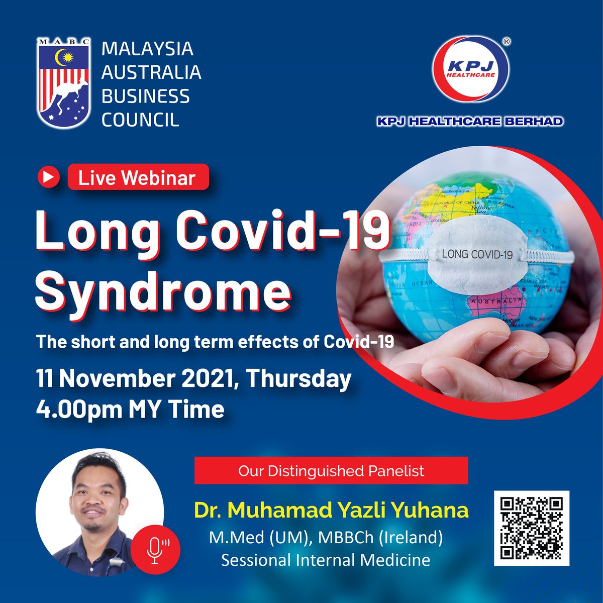 MABC_MY's tweet photo. MABC &amp; KPJ Live Webinar: Long Covid-19 Syndrome

Date: 11 November 2021
Time: 4.00pm  
Platform: Live on Zoom

To register, please click on the link below: https://t.co/h6BuTWAd7z https://t.co/qVOfXI4HHT