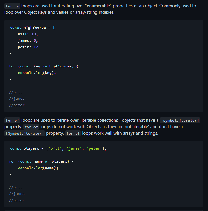 alexmitchelldev's tweet image. JS loops tip! 
for...in vs for...of

Ever forget which one you should use for a certain data type?

Check my notes and examples below 👇

TLDR: use for...in with Objects and use for...of with Arrays and Strings
#javascript #learntocode #programming