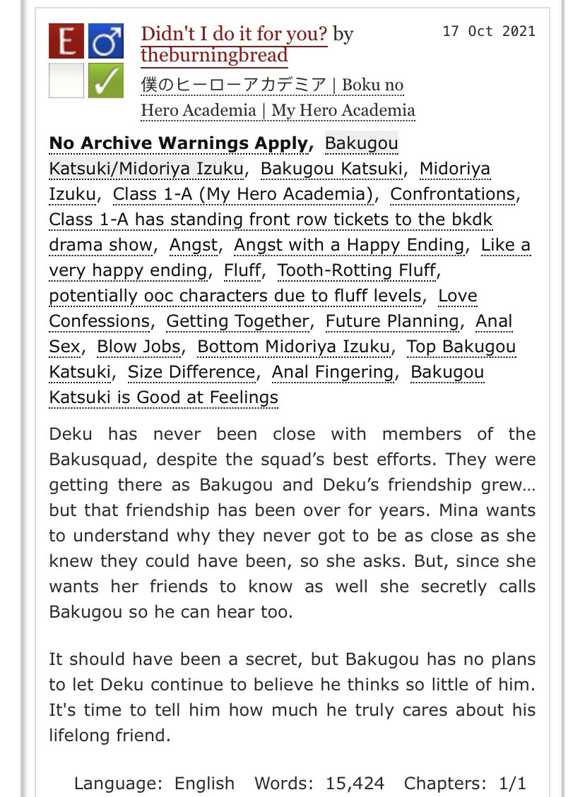 theburningbread's tweet photo. This bkdk fic is completed! It’s got some angsty 1-A confrontations followed by a long overdue BakuDeku love confession, getting together, and some fluffy smut ❤️ I’ll add the link in the next tweet for ao3 or you can read the original thread below https://t.co/3fiEaSJG88