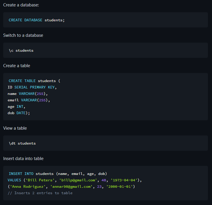 alexmitchelldev's tweet image. Basic SQL commands

How to create a database, switch to it, create, view and insert data into a table, examples below❗️👇
#sql #learntocode