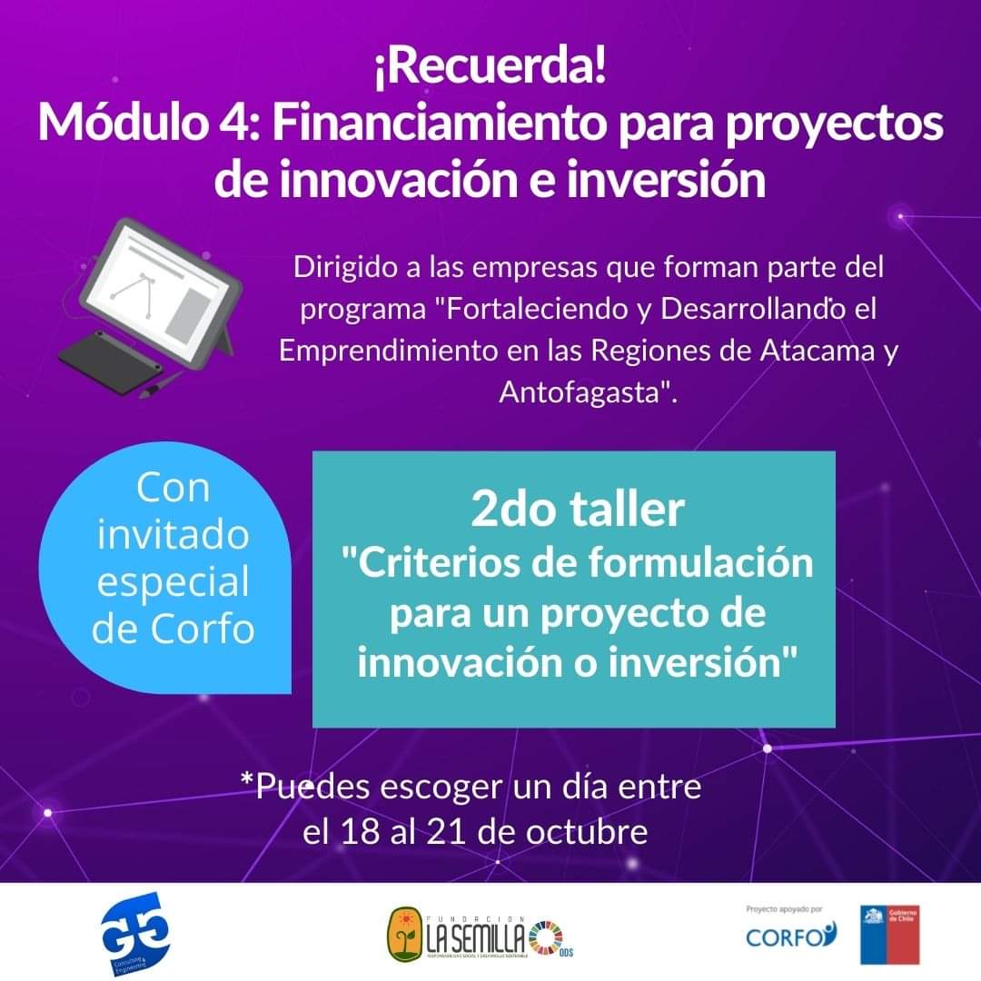 GoldGroupChile2's tweet photo. 📢 ¡ATENCIÓN! Último taller del programa "Fortaleciendo y Desarrollando el Emprendimiento en las Regiones de Atacama y Antofagasta", para empresarios que forman parte de esta iniciativa.
Inscripciones en: serviciocliente@goldgroup.cl

@CorfoAtacama @CorfoAntofa @fundlasemilla https://t.co/nxyNnjEgAV