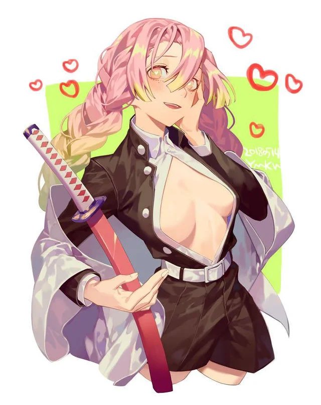 _Love_Hashira's tweet image. Mitsuri has been training for a few hours so she had her demon slayer cloak off. She heard a noise coming from a while away so Mitsuri stopped and walked towards the reader giggling 

“Hey hey~! How’s my favorite person~?”
She smiled innocently 

#openrp #knyrp #cuterp