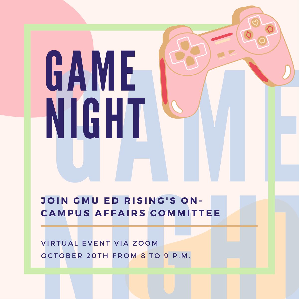 gmuedrising's tweet photo. Hi! Hope you all had a relaxing weekend! This Wednesday, October 20th, the "On-Campus Affairs Committee" is hosting GAME NIGHT. Take an hour to hang with us virtually.

https://t.co/WgvWw3fFJm

Meeting ID: 848 5411 4279
Passcode: cLJk7z https://t.co/O1rKySN3XT