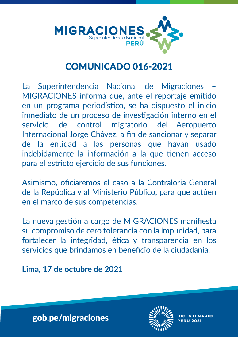 MigracionesPe's tweet photo. #Comunicado | 
Ante el reportaje emitido en un programa periodístico, #MigracionesPerú hace de conocimiento lo siguiente: https://t.co/5KQgTnOFjo