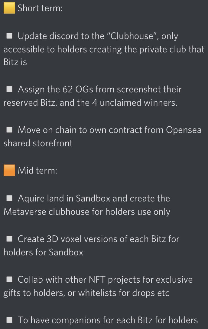 PunkieEth's tweet image. I’m very pleased to announce the first version of the Bitz “to do list”.

Roadmaps are too generic and this is more productive and flexible.

The list will be based around the holders of the 1000 Bitz forever.

Collection: opensea.io/collection/bit…

Discord: discord.gg/nm5wcNRrmf