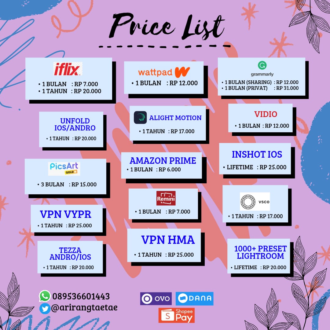 sianggg semuaa!!Aku jual app premium nih! Yuk intip👀 yang mau order atau tanya tanya dulu bisa langsung ke wa/dm yaa!🤩
Psst testi on pinned👀

t. disney, netflix, viu, spotify, youtube, we tv, iqiyi, canva, wattpad, vidio,grammarly
#zonauang #zonajajan