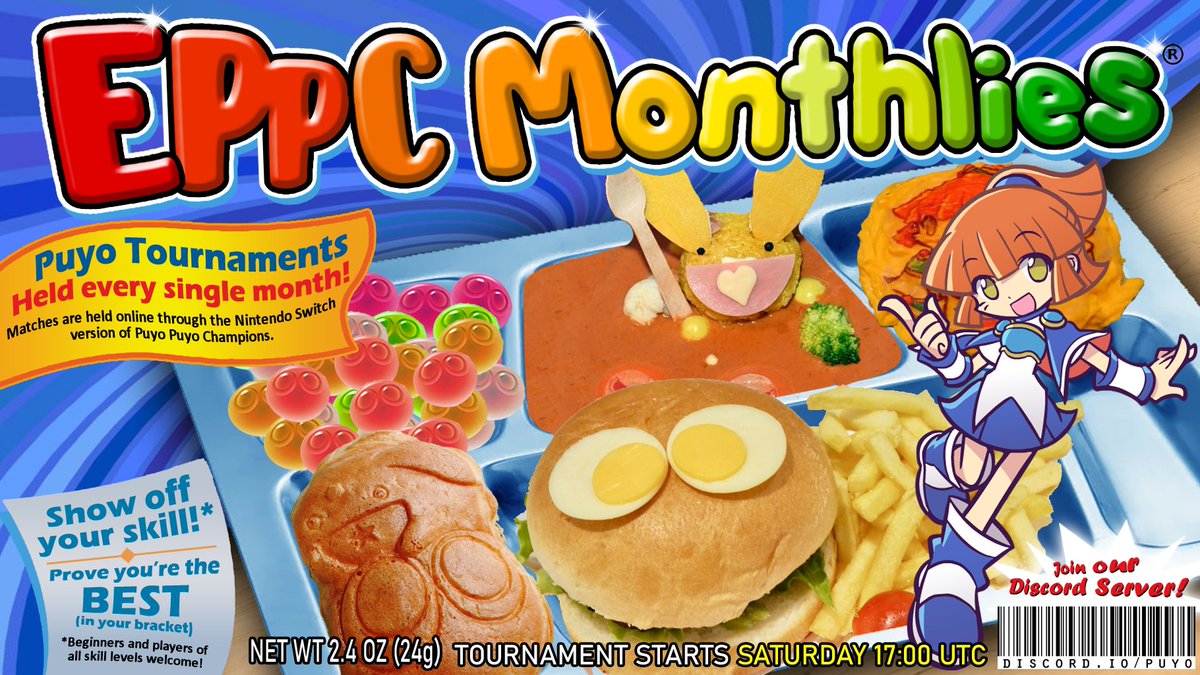 The next EPPC Monthly will be on Oct 23 @ 1600 UTC!

Format: Swiss, Tsu FT10
Platform: Puyo Puyo Champions (Switch)
Prizes: 3x$20 gift cards, per bracket

Check the events channel in the EPPC Discord for signup details:
discord.gg/puyo