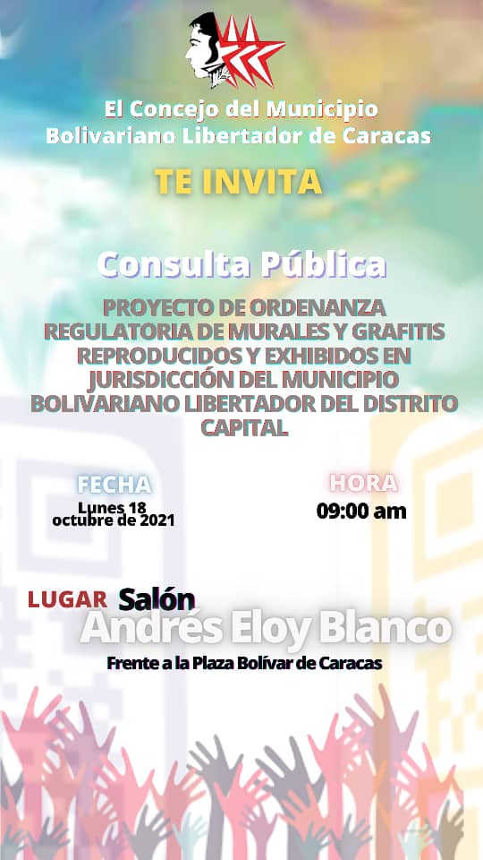 🚨Ruta Legislativa 🚨El Concejo Municipal te invita Mañana lunes #18Oct estaremos activando la Consulta Pública del proyecto de Ordenanza de murales y grafitis. Exhibidos y elaborados en #Caracas. Te esperamos a las 9am! Construyamos juntos la ciudad que queremos