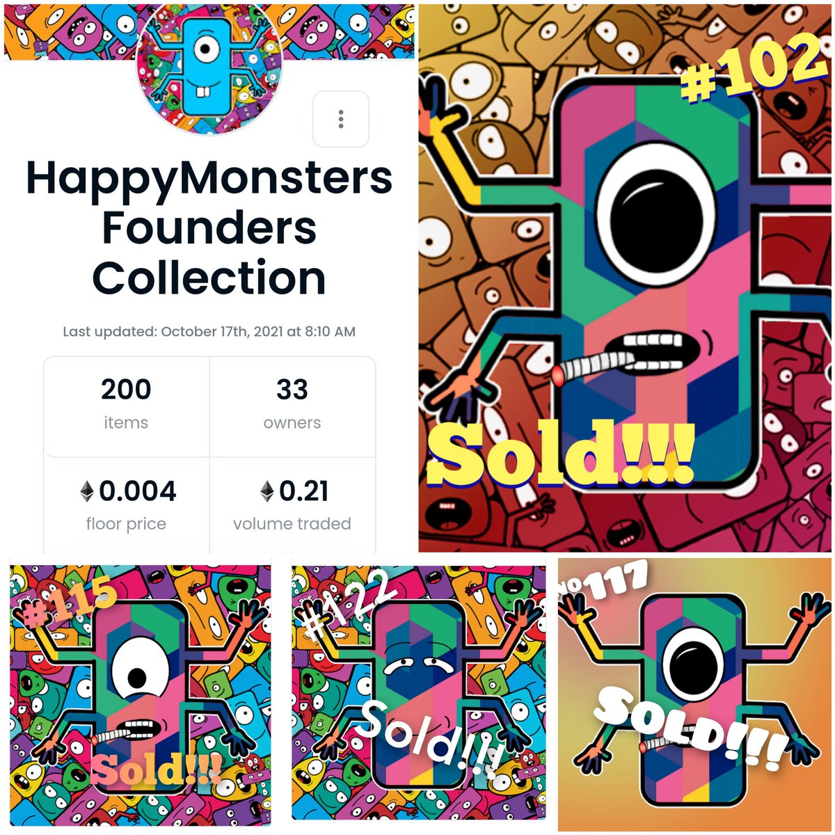 imahappymonster's tweet photo. Out of our 200 #HappyMonsters that escaped 5 hexagon we're created and all 5 we're collected and out of the 13 diamond skinned #HappyMonsters that were created 2 so far have been collected! Come captured your rare skinned monsters with no gas at https://t.co/p70ZBEBbmF #NFT #NFTs https://t.co/dQ0qJYDuji