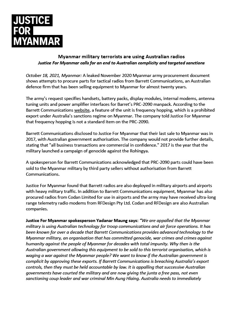 JusticeMyanmar's tweet photo. Press Release📣 Myanmar military terrorists are using Australian radios. #Myanmar army has been attempting to procure parts for tactical radios from Oz defence firm Barrett Communications. We call for an end to Australian complicity &amp; targeted sanctions!✊🏽 https://t.co/AQP7EmsB3P https://t.co/acaDEL9XrN