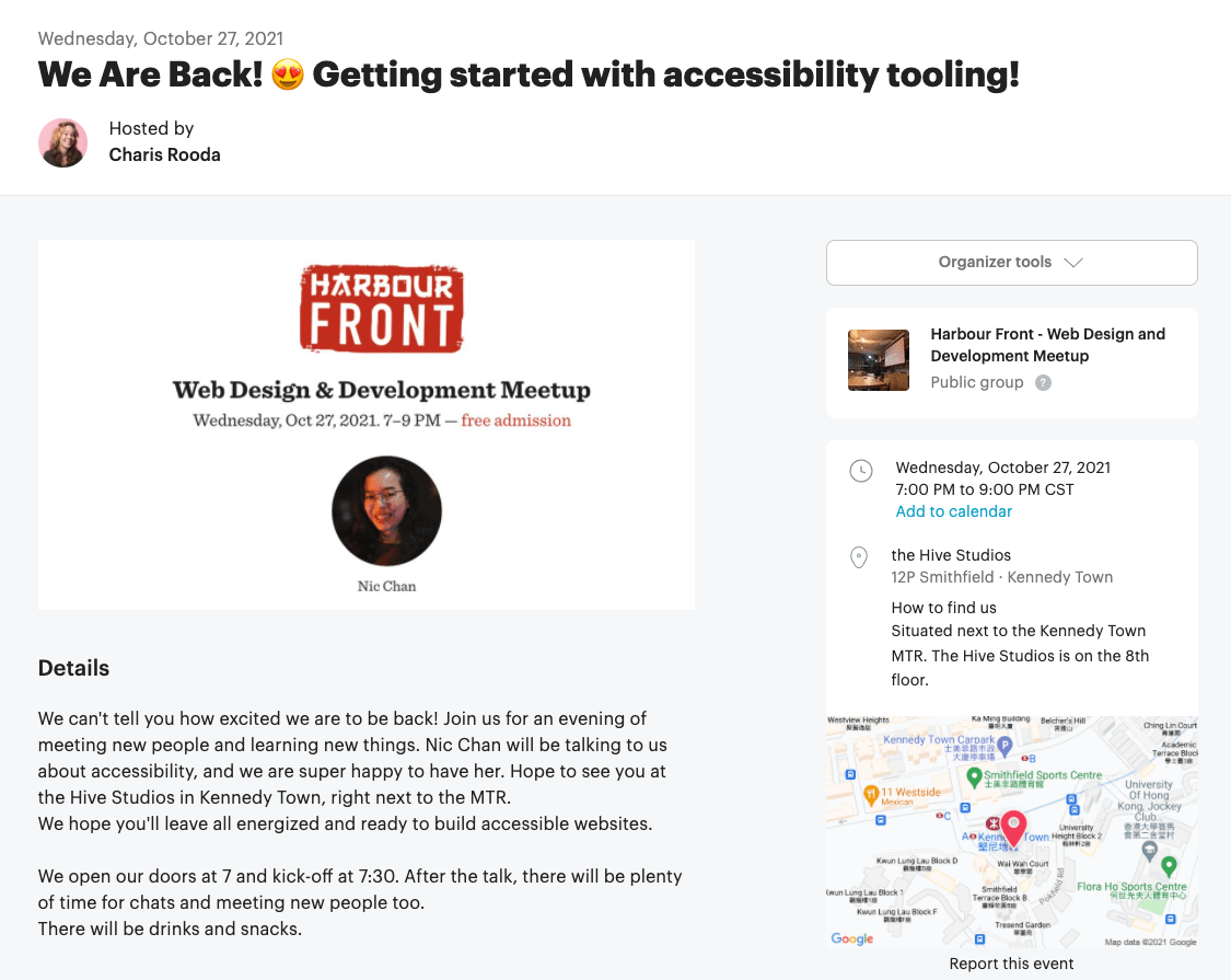 HarbourFrontHK's tweet photo. In case you missed our announcement last week, Harbour Front is back!
Come and join us in person on Wednesday, October 27 for everything Accessibility Tools. If you’re a designer, developer, project manager or just very much into the web, this is for you! https://t.co/I4b6F5KjVQ https://t.co/nTxGN20QHU