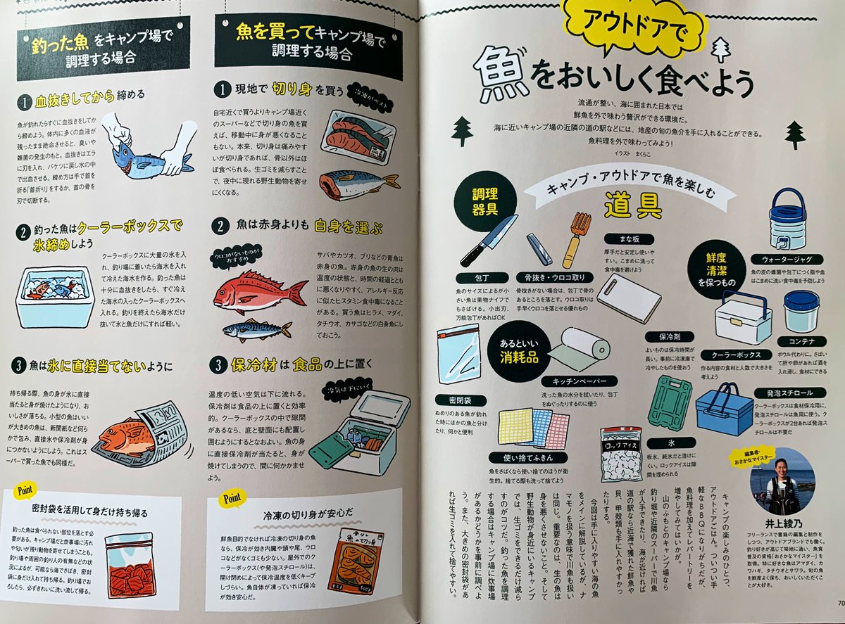 【お仕事】ぴあMOOKさんの「おいしく食べるための魚の基本」
アウトドアごはんの魚レシピコーナーのイラスト描かせて頂ました🙌
キャンプ、アウトドアでのポイントや初心者でも出来る魚のさばき方なんかも載ってる実用的で嬉しいご本です〜🐟🐟🐟 