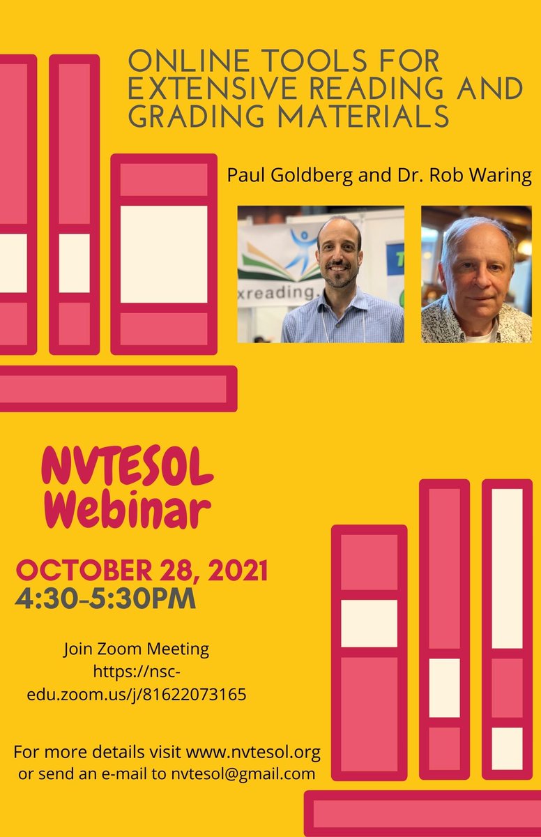 <a href="/waringrob/">Rob Waring</a> and Paul Goldberg will present a <a href="/nvtesol/">NVTESOL</a> webinar on "Online Tools For Extensive Reading and Grading Materials" on October 29, 8:30AM JST. Free. Zoom link in the attachment.
