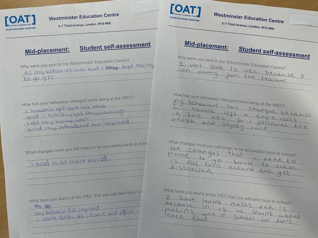 Students at WEC reflecting on their behaviour before their Mid-point meeting with their school. This gives students a chance to share with their teachers how well their placement is going.