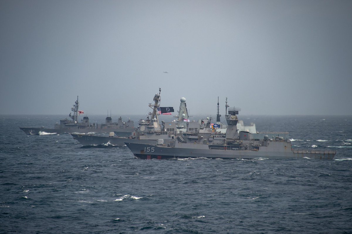 Ships and aircraft from the #VINCSG, Royal Australian Navy, Japan Maritime Self-Defense Force and U.K. Royal Navy transited in formation as part of Maritime Partnership Exercise (MPX) 2021, Oct. 17. 

#Mighty70 #ForgedByTheSea #AlliancesandPartnerships #MPX2021