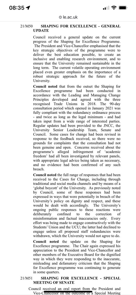 The minutes from May meeting of council <a href="/uniofleicester/">University of Leicester</a> show how council had already decided there was nothing wrong with the ‘shaping for excellence’ farce. Note by the timing that the chair had clearly already decided the outcome of the appeals, which were yet to take place.