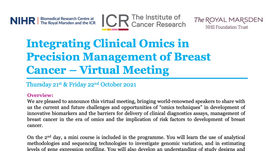 We are excited to be part of the upcoming event 'Integrating Clinical Omics in Precision Management of Breast Cancer' organised by Maggie Cheang at ICR #omics  #biomarkers #breastcancer #clinicaldiagnostics. #htgedgeseq #HTGMolecular #geneexpression #precisionmedicine