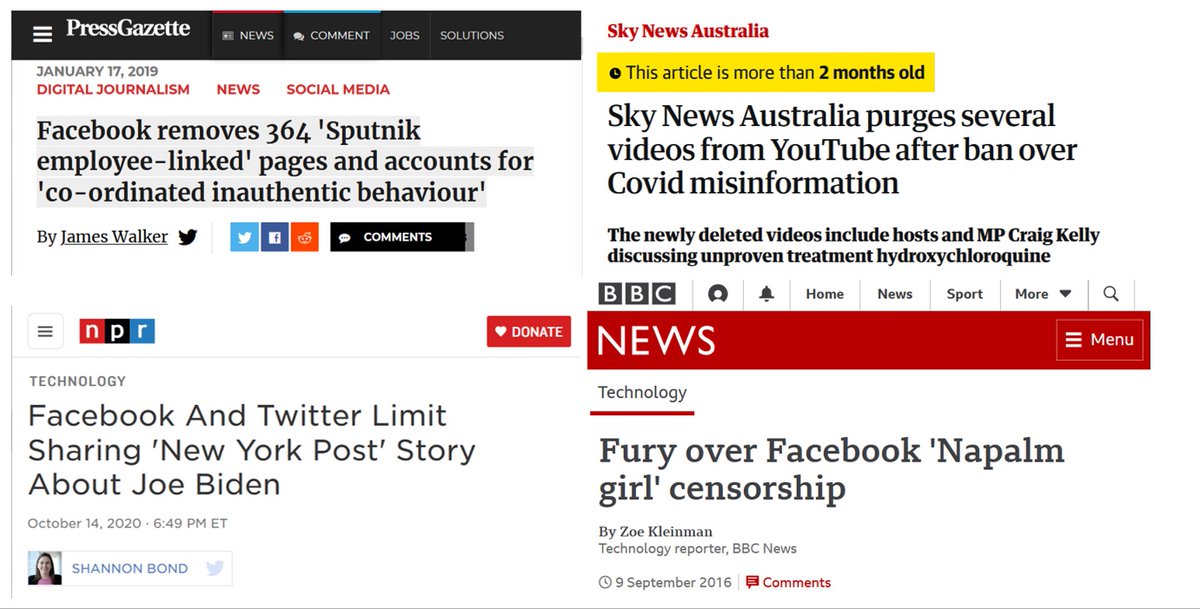 Should platforms such as FB, Google, YouTube be allowed to subject material from "press publications" broadly conceived (including your favorite sources but many others too) to content moderation-as some have, whether from Aftenposten, NY Post, Sky News Australia, or Sputnik? 1/9