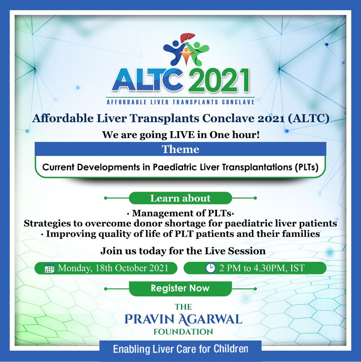 TpafMumbai's tweet image. Today is the day!!!

Join us for the Affordable Liver Transplants Conclave 2021 today at 2 pm

Live Session - youtu.be/XHFWFSQWSP4
.
.
.
#ALTC2021 
#AffordableLiverTransplantsConclave2021 #TPAF #ThePravinAgarwalFoundation #PaediatricLiverCare #PaediatricLiverTransplantation