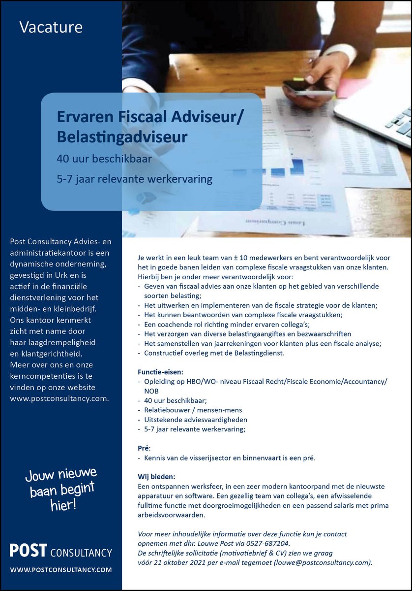 VACATURE: 
Wij zoeken een collega voor wie fiscaliteit gesneden koek is. Reageren? info@postconsultancy.com of bel met 0527687204.
Retweet wordt op prijs gesteld!

#fiscaal #fiscaaladviseur #belasting #belastingadviseur #vacature #Urk #Flevoland #martiem #jobopportunity #MKB