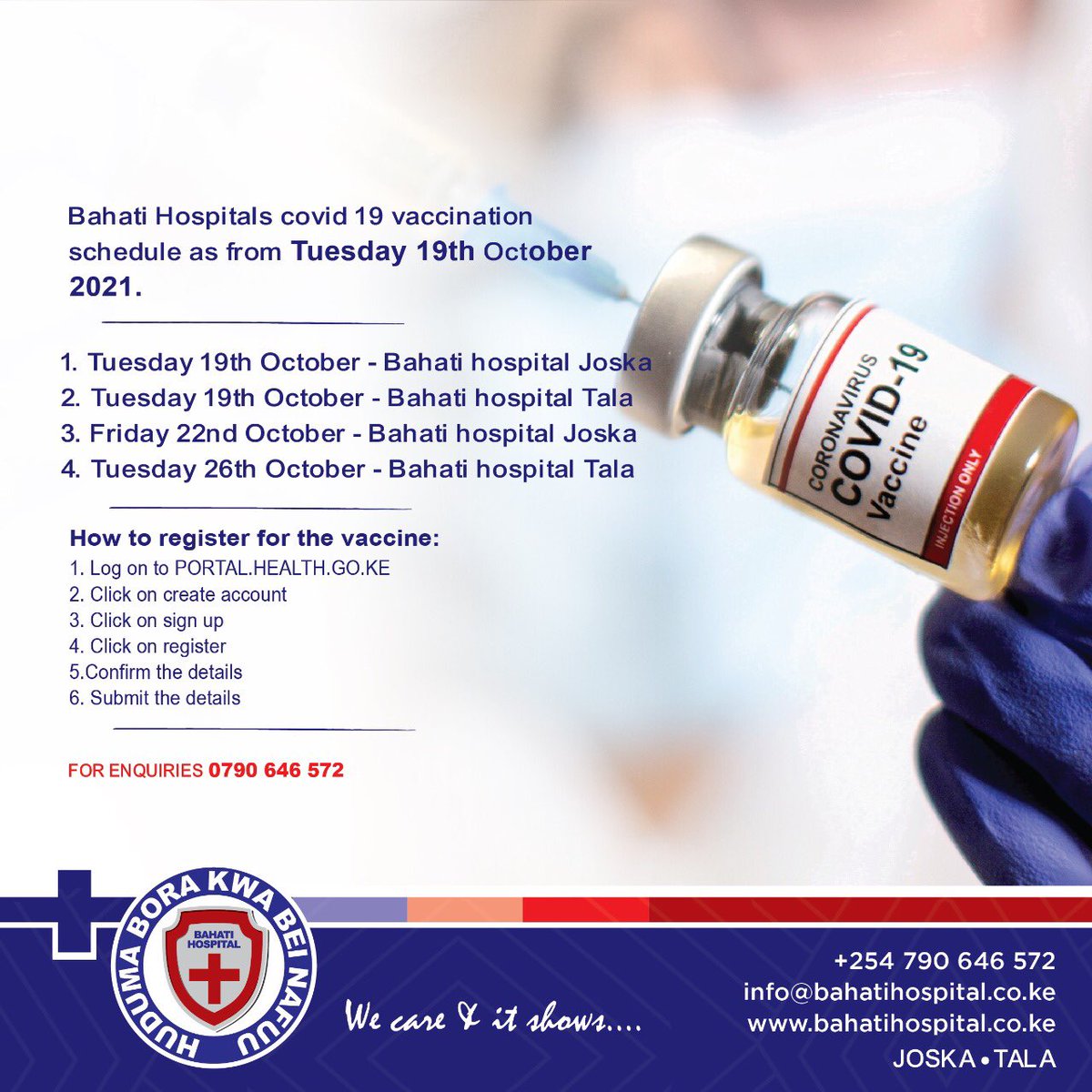 In order to protect our loved ones, we must stay vaccinated against covid 19, starting tomorrow our hospitals will be offering the 1st and 2nd dose. kindly check the schedule in the poster, we will be on from 9am and it's free! Tell a friend about it. 0790646572.
#wecare #itshows
