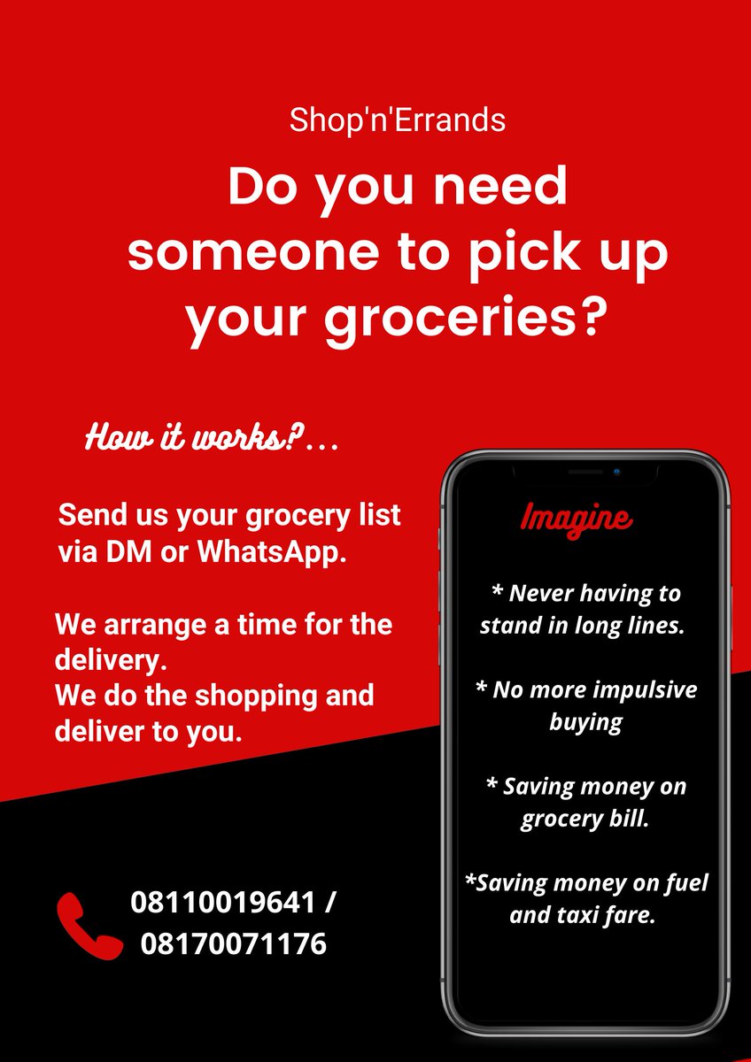 shopnerrands's tweet photo. Don't struggle to maintain a balance between your personal and professional life. Hire @shopnerrands to handle your to-do list today
Call / WhatsApp: 08110019641
#marketruns
#deliveryservice
#packagedmeals
#easyshopping
#cookingmadeeasy https://t.co/Q83eWwMhTs https://t.co/nzikeiUyCx