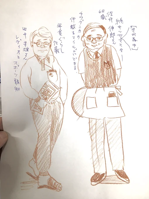 今日のかっ飛ばしはツィートする時間がなくて夕方。脳内の商店街に棲むオジジさん達をチャーミングに思い付きで描いてみました。 