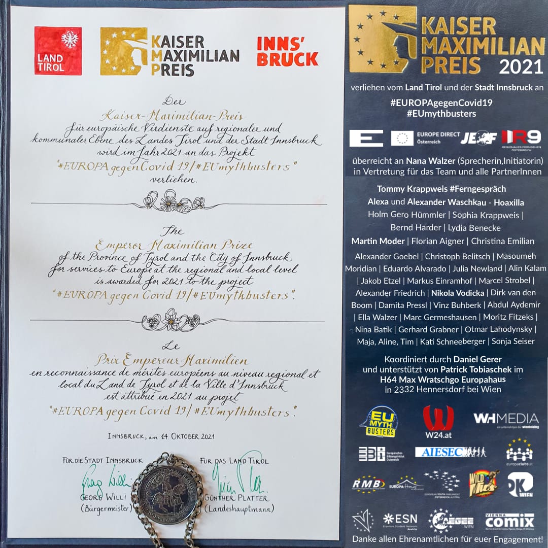 R9Austria's tweet photo. 🇪🇺#KaiserMaximilianPreis 2021 verliehen an #EUROPAgegenCovid19 #EUmythbusters #Ferngespräch #MEGA! Gratulation @NanaWalzer♥️ @TommyKrappweis @Hoaxilla @JEF_at @Martin_Moder @florianaigner  @tina_emilian @damitatweets @Europe_Direct @europaclubsat  @Wien24 @EFB_Austria #JEFspirit https://t.co/jZC1h9Pb6x